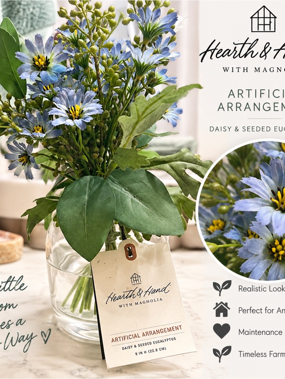 Hearth & Hand Blue Daisy and Green Foliage Artificial Arrangement